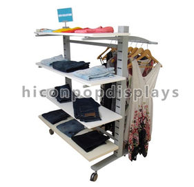China 4 Caster Clothing Store Fixtures Double Sided Wood Shelves Slatwall Clothing Rack supplier