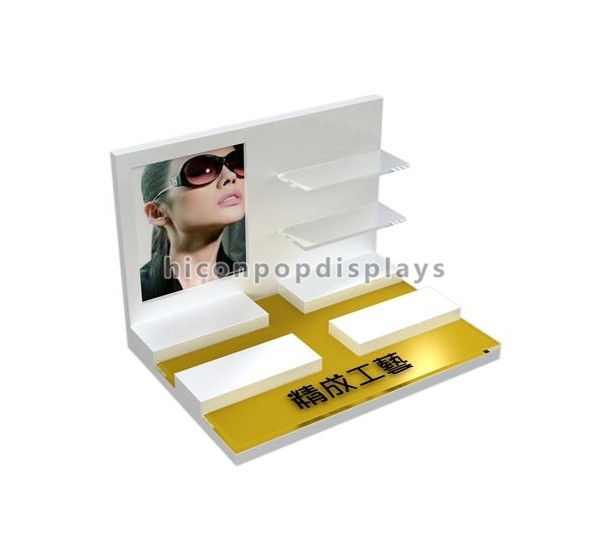 Counter Top POP Merchandise Displays 3 Layer Golden Spectacles Optical Display Stand