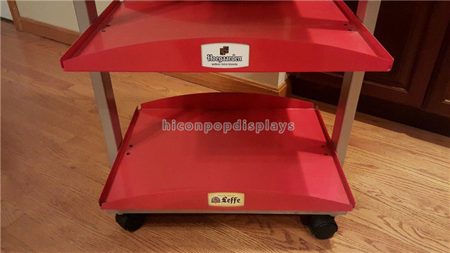 4 Wheels Wine Display Stand Red Heavy Metal Beer Display Shelf 4 Layer For Stores