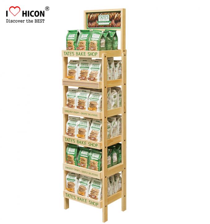 Food Shop 4-Layer Wood Flooring Display Rack , Coffee Bag And Nuts Display Units
