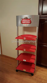 China 4 Wheels Wine Display Stand Red Heavy Metal Beer Display Shelf 4 Layer For Stores supplier