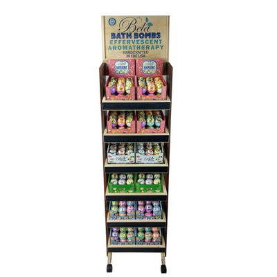 China Movable 6-tier Wax Melt Display Stand Floorstanding Wooden Wax Display Rack supplier