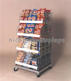 China Movable Retail Store Fixtures Freestanding 4 Layer Silver Metal Snack Display Stand supplier