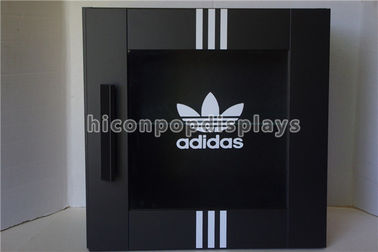 China Footwear Shop Pop Merchandise Displays Black Wood Shoes Display Case With Brand Logo supplier