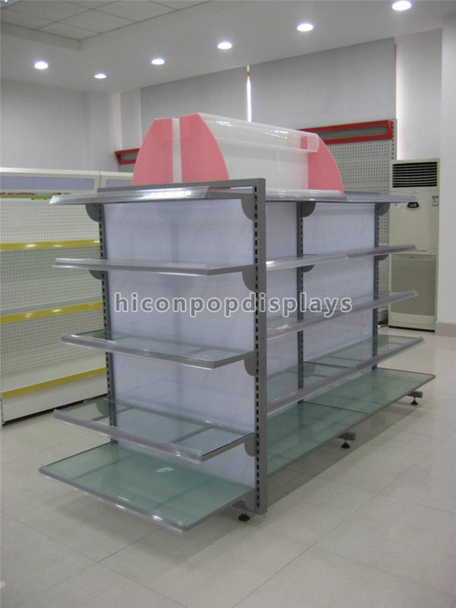 Top Illuminating Retail Gondola Shelving Metal Glass Display Stand For Merchandising