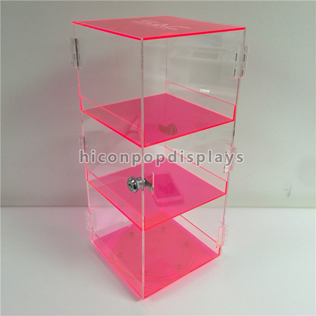 Custom Red Rotating Acrylic Display Showcase With Lock 7 * 7 * 16 Inches