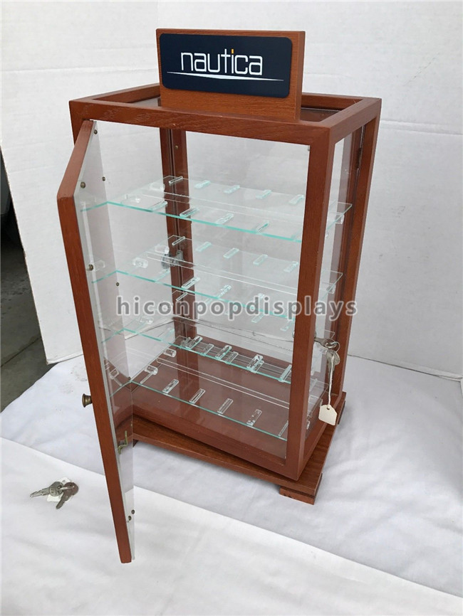 Custom Wood Glass Spinning Rack Display Lockable Watch Display Case 4 Shelves