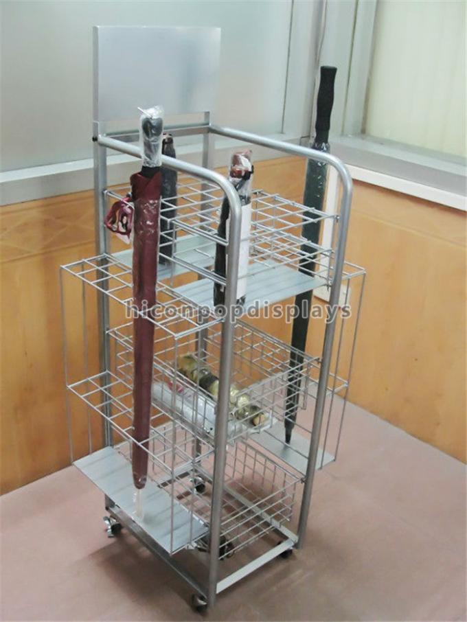 Movable Retail Store Fixtures Freestanding 4 Layer Silver Metal Snack Display Stand