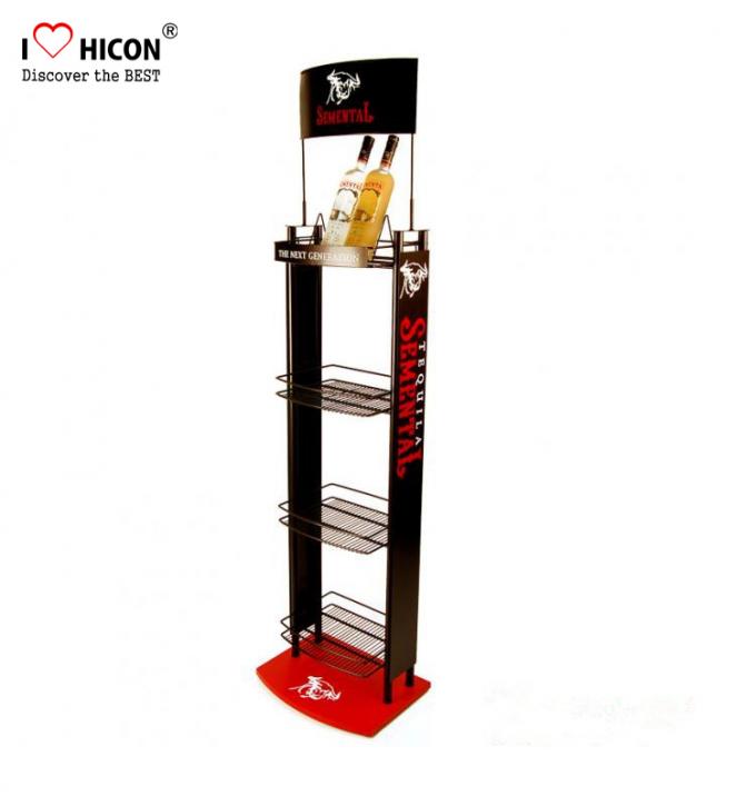 Liquor Shop Metal Wine Display Stand / Shelves Freestanding With Advertising Signage