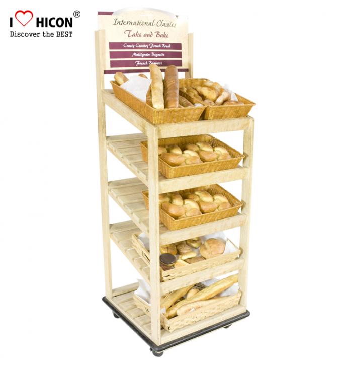 Retail Floor Standing Wooden Bread Display Stand For Bakery Store / Food Shops