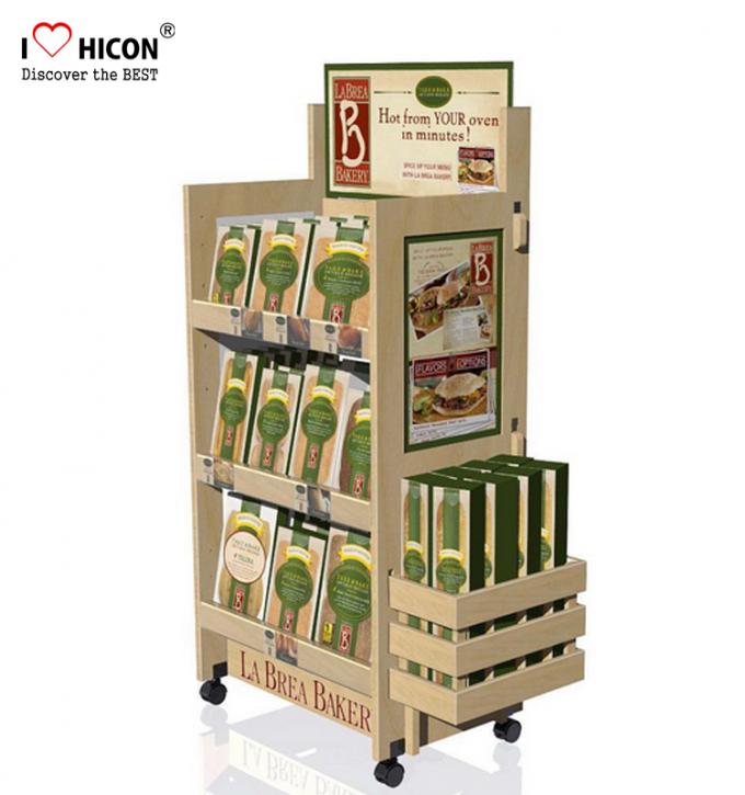 Food Movable Wood Display Stand Flooring Environmental With Caster